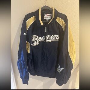 VINTAGE Milwaukee Brewers Jacket Mens 2XL Blue Majestic Cage Bomber Full Zip MLB
